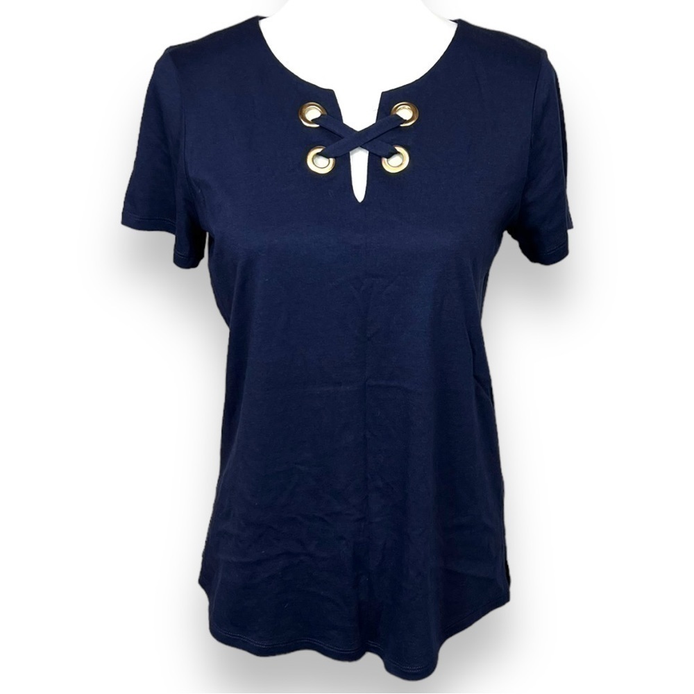 MICHAEL Kors Navy Cross Front Shirt with Gold Accents, Size Small- NWT